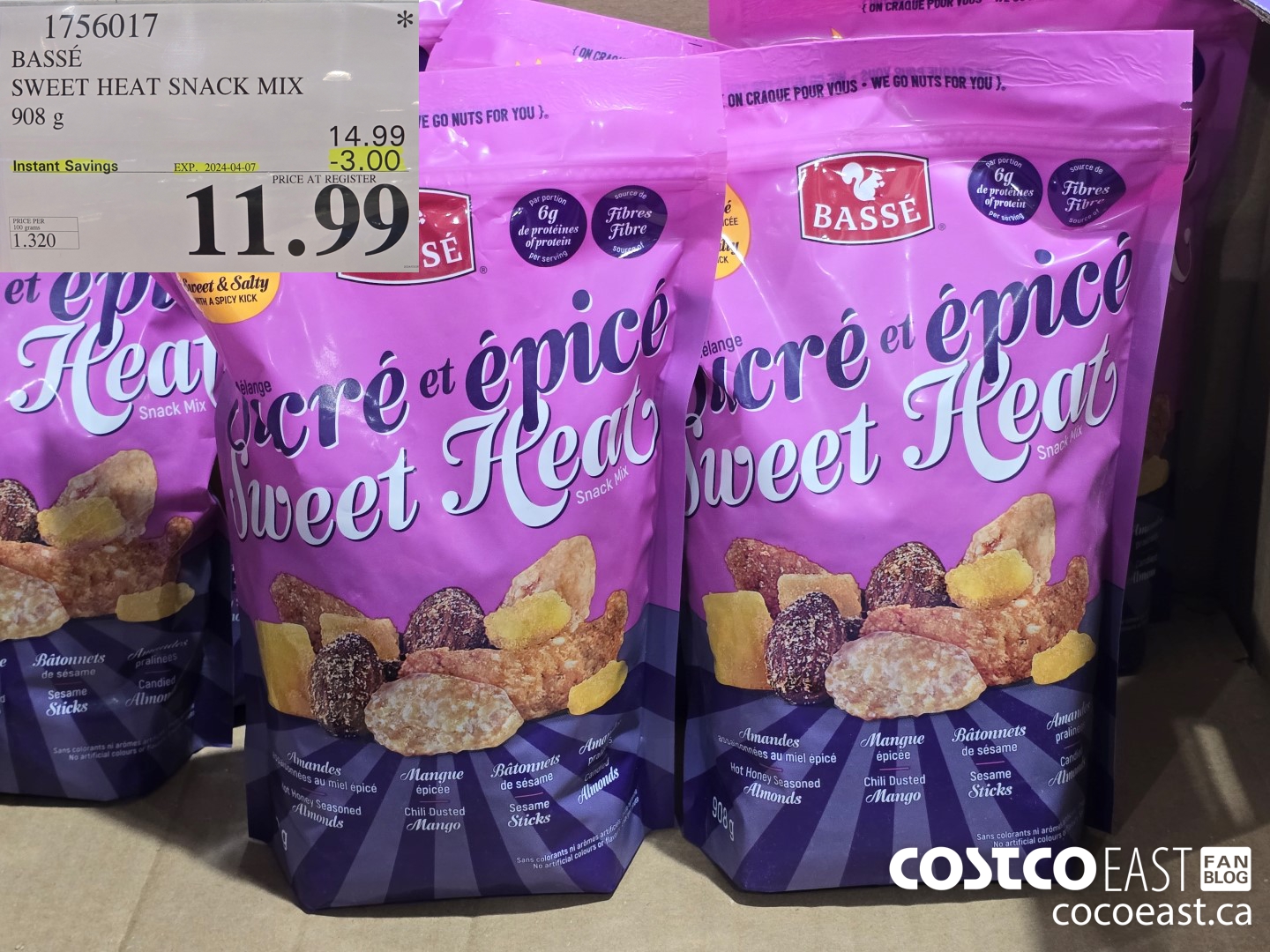 1756017 BASSE SWEET HEAT SNACK MIX 908 g ($3.00 INSTANT SAVINGS EXPIRES ON 2024-04-07) $11.99