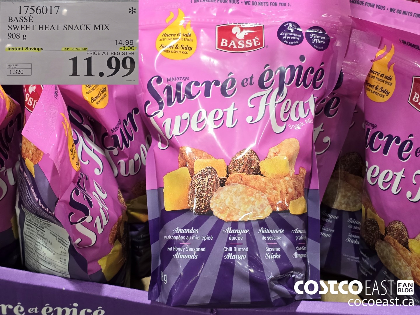1756017 BASSE SWEET HEAT SNACK MIX 908 g ($3.00 INSTANT SAVINGS EXPIRES ON 2024-05-05) $11.99