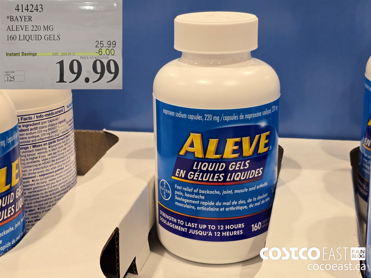 414243 BAYER ALEVE 220 MG 160 LIQUID GELS ($6.00 INSTANT SAVINGS EXPIRES ON 2024-05-12) $19.99