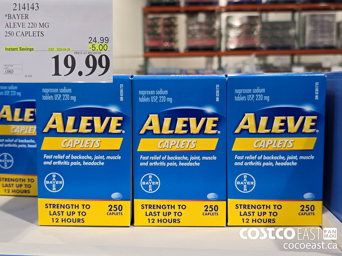 214143 BAYER ALEVE 220 MG 250 CAPLETS ($5.00 INSTANT SAVINGS EXPIRES ON 2024-04-28) $19.99