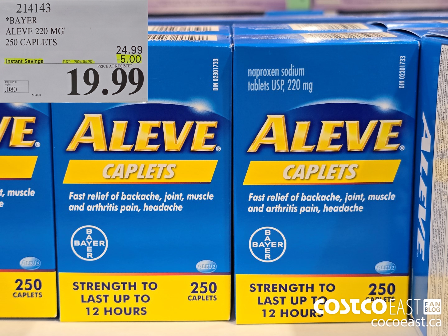 214143 BAYER ALEVE 220 MG 250 CAPLETS ($5.00 INSTANT SAVINGS EXPIRES ON 2024-04-28) $19.99