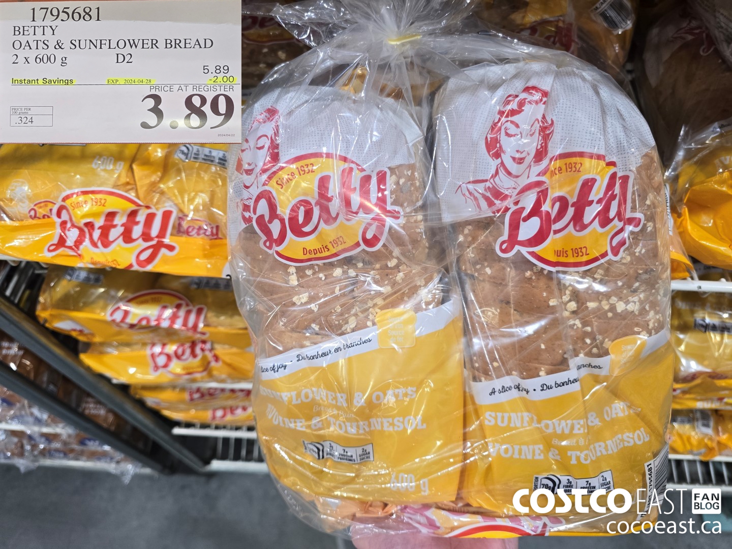 1795681 BETTY OATS & SUNFLOWER BREAD 2 x 600 g ($2.00 INSTANT SAVINGS EXPIRES ON 2024-04-28) $3.89