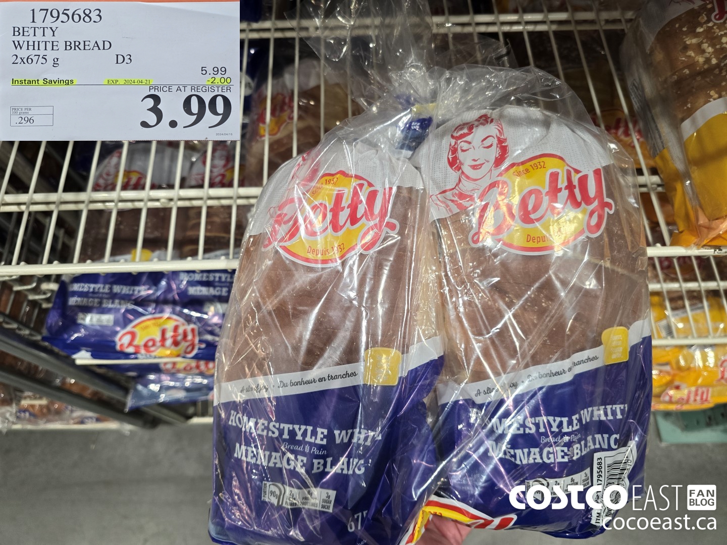 1795683 BETTY WHITE BREAD 2x675 g D3 ($2.00 INSTANT SAVINGS EXPIRES ON 2024-04-21) $3.99