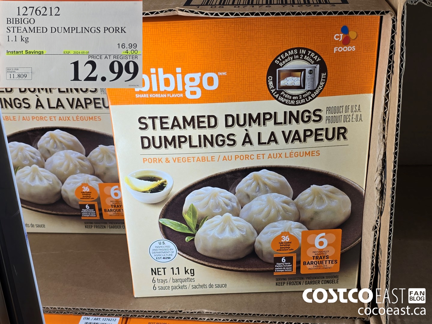 1276212 BIBIGO STEAMED DUMPLINGS PORK 1.1 KG ($4.00 INSTANT SAVINGS EXPIRES ON 2024-05-05) $12.99