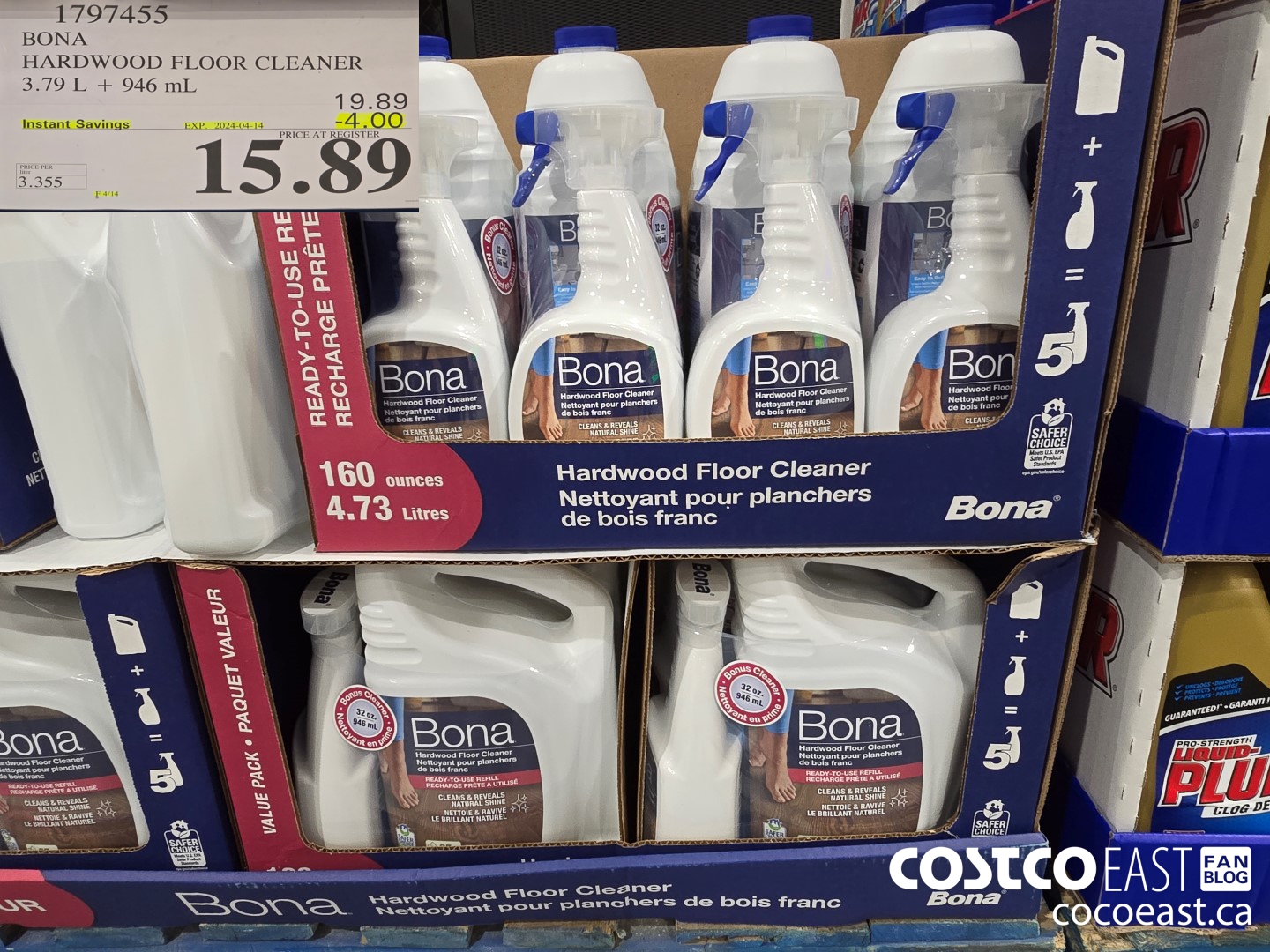 1797455 BONA HARDWOOD FLOOR CLEANER 3.79 L. + 946 mL ($4.00 INSTANT SAVINGS EXPIRES ON 2024-04-14) $15.89