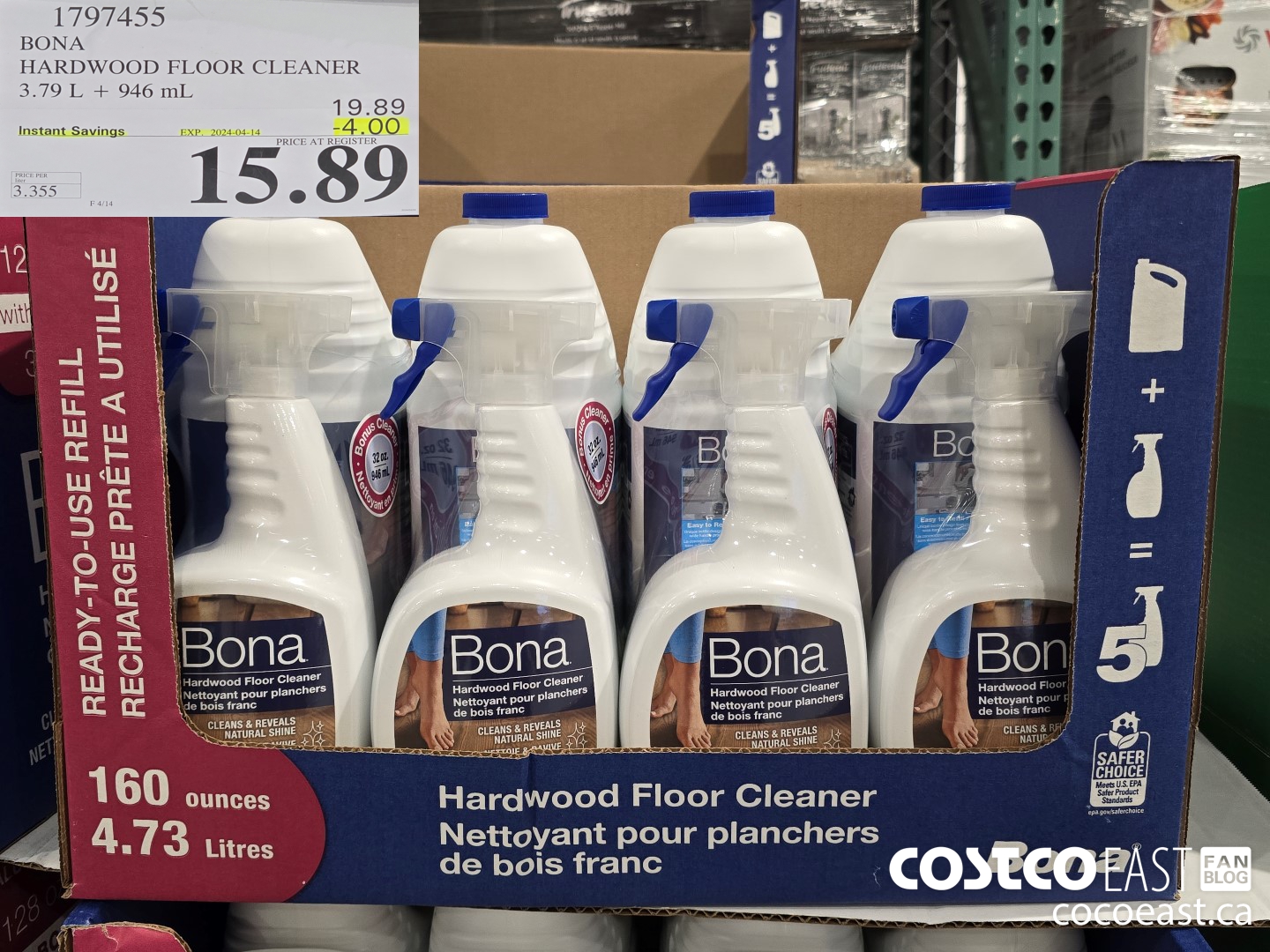 1797455 BONA HARDWOOD FLOOR CLEANER 3.79 L. + 946 mL ($4.00 INSTANT SAVINGS EXPIRES ON 2024-04-14) $15.89