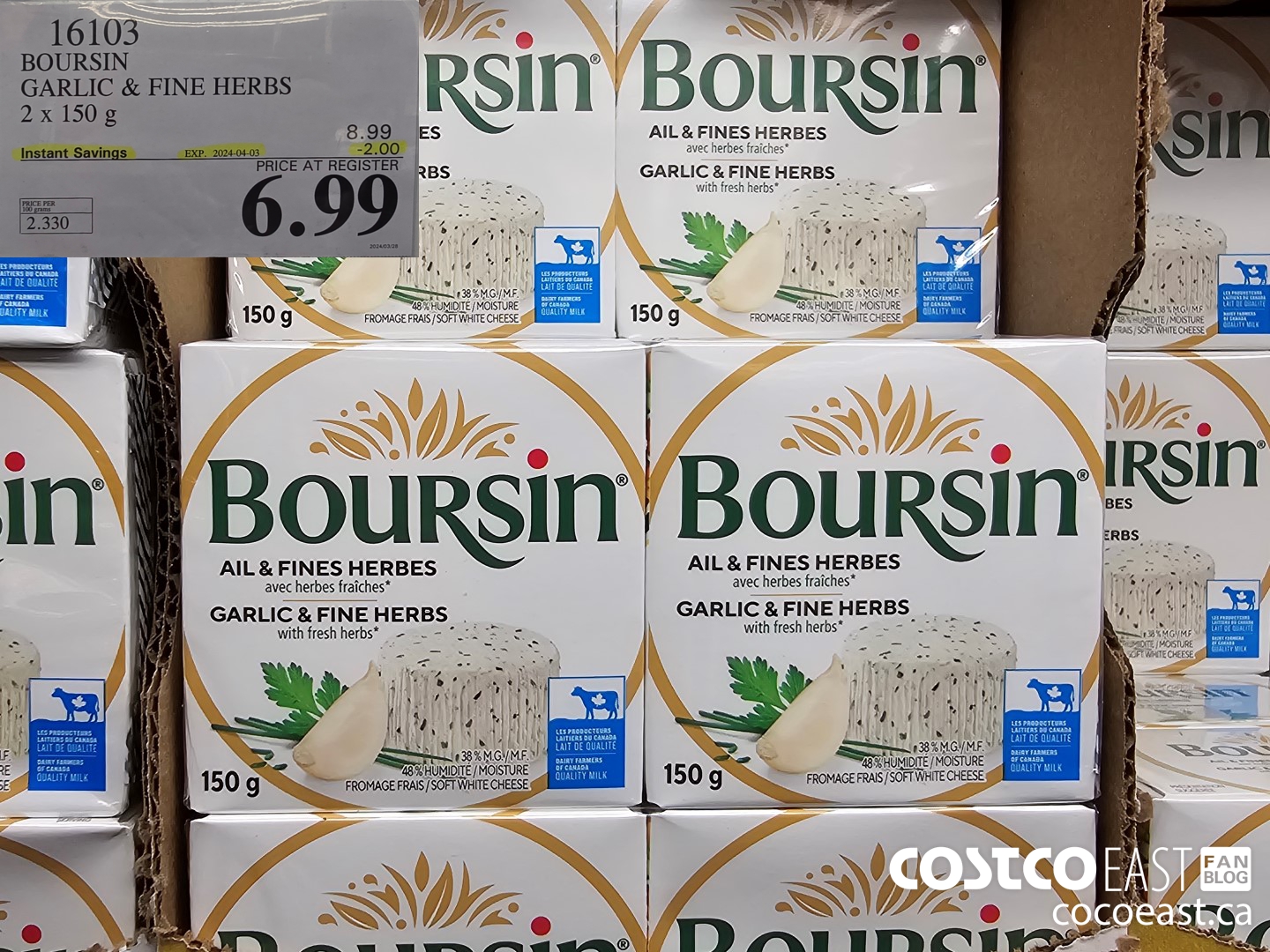 16103 BOURSIN GARLIC & FINE HERBS 2 X 150 G ($2.00 INSTANT SAVINGS EXPIRES ON 2024-04-03) $6.99
