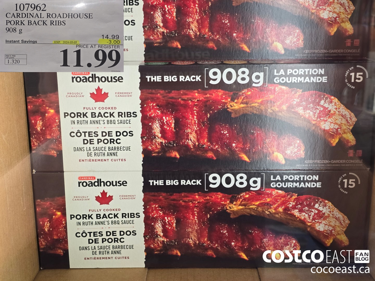 107962 CARDINAL ROADHOUSE PORK BACK RIBS 908 g ($3.00 INSTANT SAVINGS EXPIRES ON 2024-05-05) $11.99