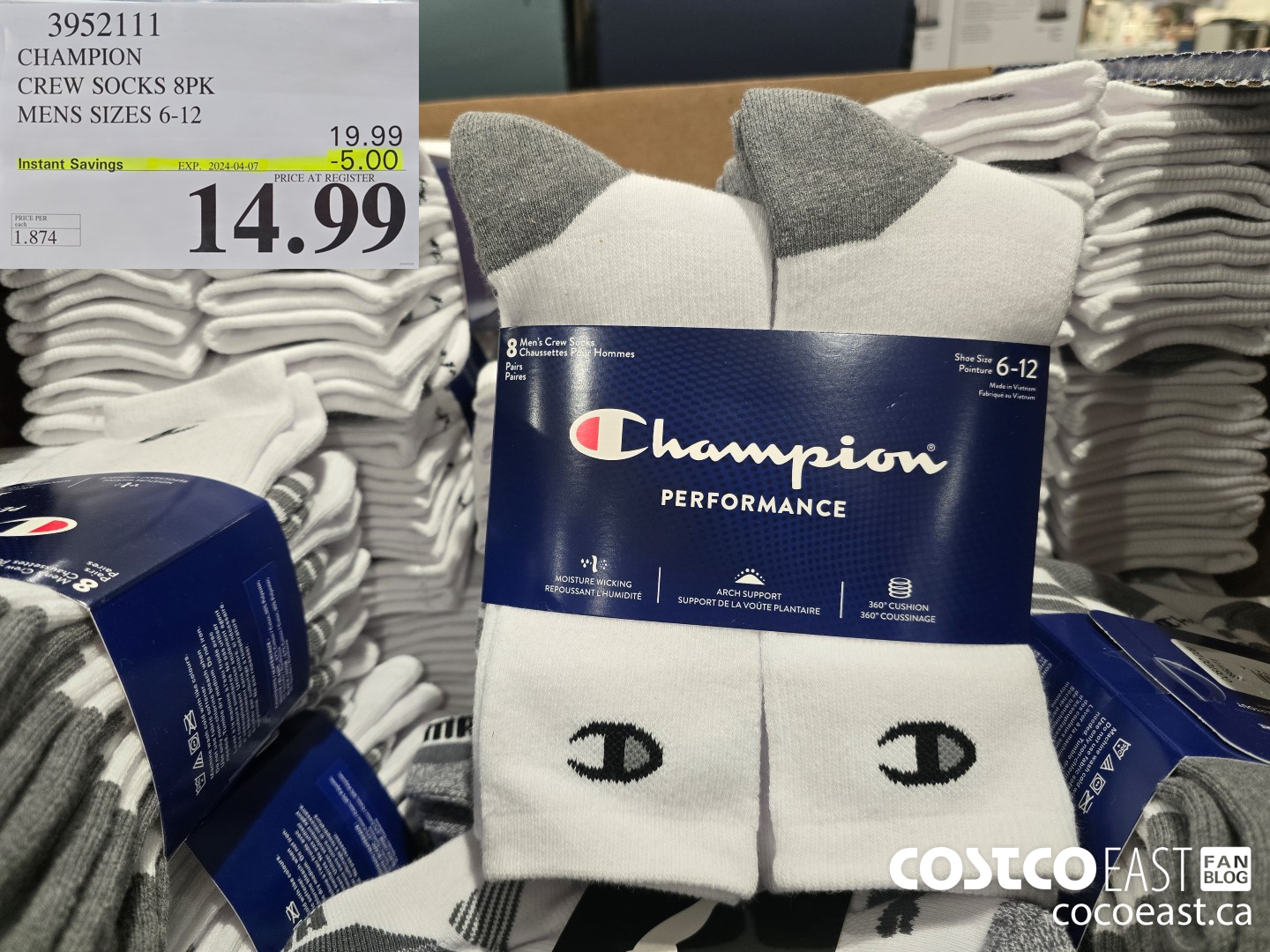 3952111 CHAMPION CREW SOCKS 8PK MENS SIZES 6-12 ($5.00 INSTANT SAVINGS EXPIRES ON 2024-04-07) $14.99