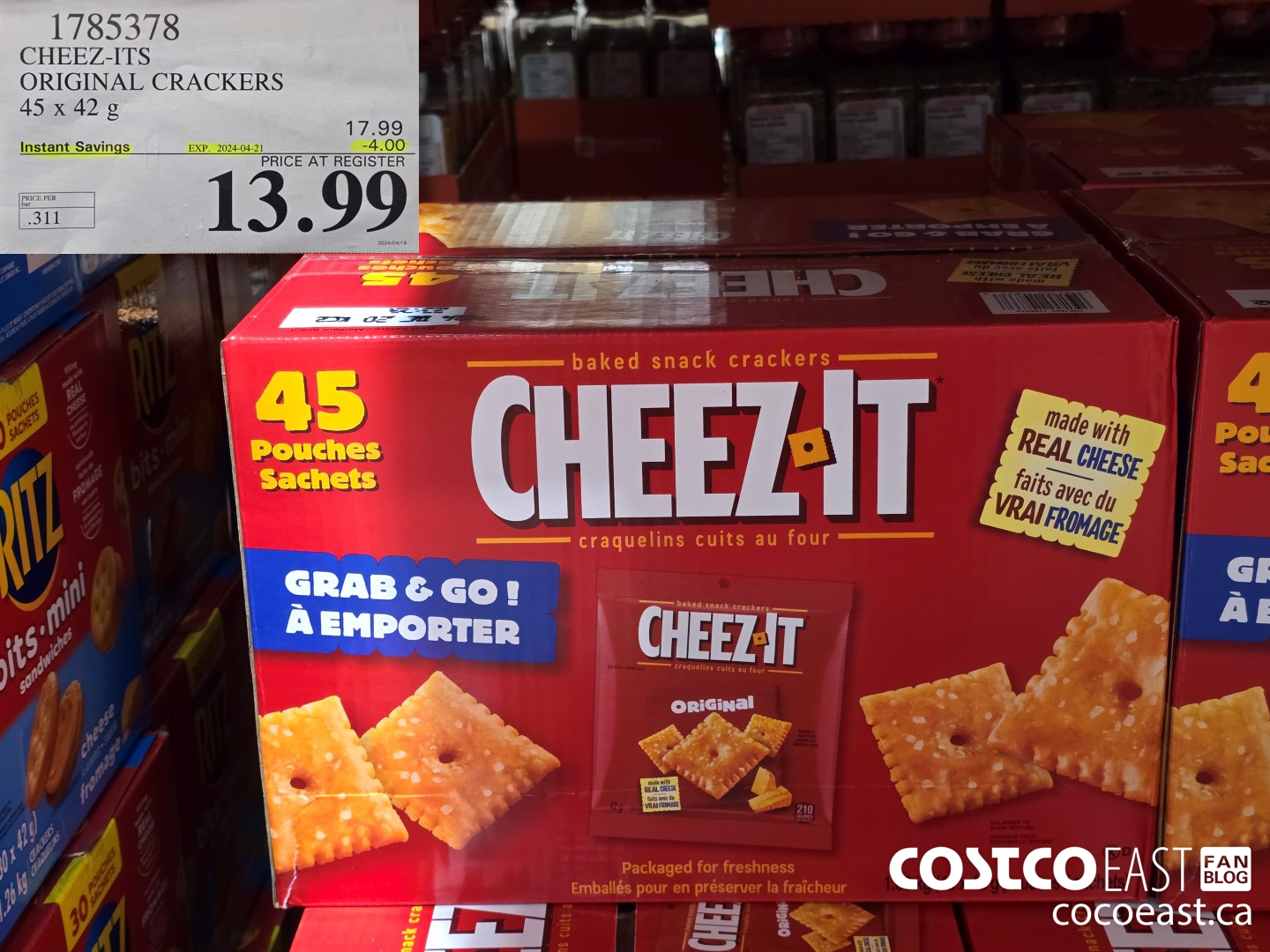 1785378 CHEEZ-ITS ORIGINAL CRACKERS 45 x 42 G ($4.00 INSTANT SAVINGS EXPIRES ON 2024-04-21) $13.99