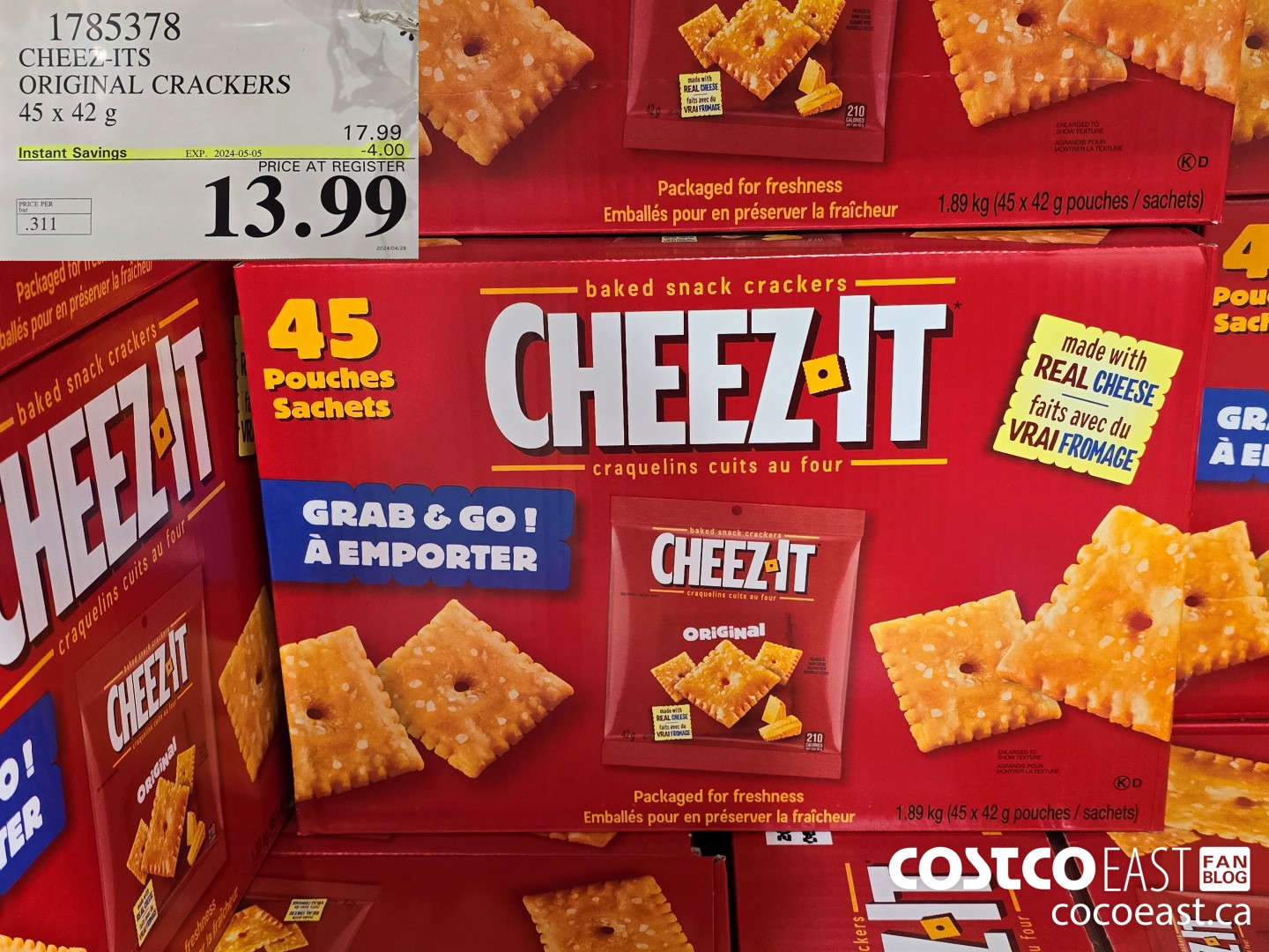 1785378 CHEEZ-ITS ORIGINAL CRACKERS 45 x 42 G ($4.00 INSTANT SAVINGS EXPIRES ON 2024-05-05) $13.99