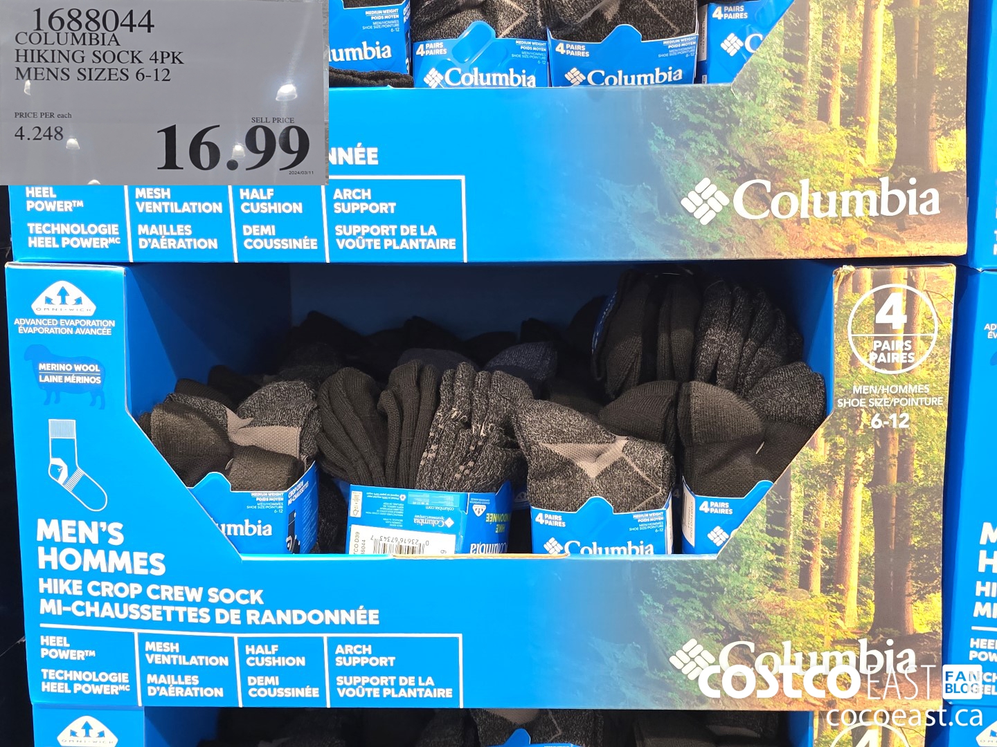 1688044 COLUMBIA HIKING SOCK 4PK MENS SIZES 6-12 $16.99