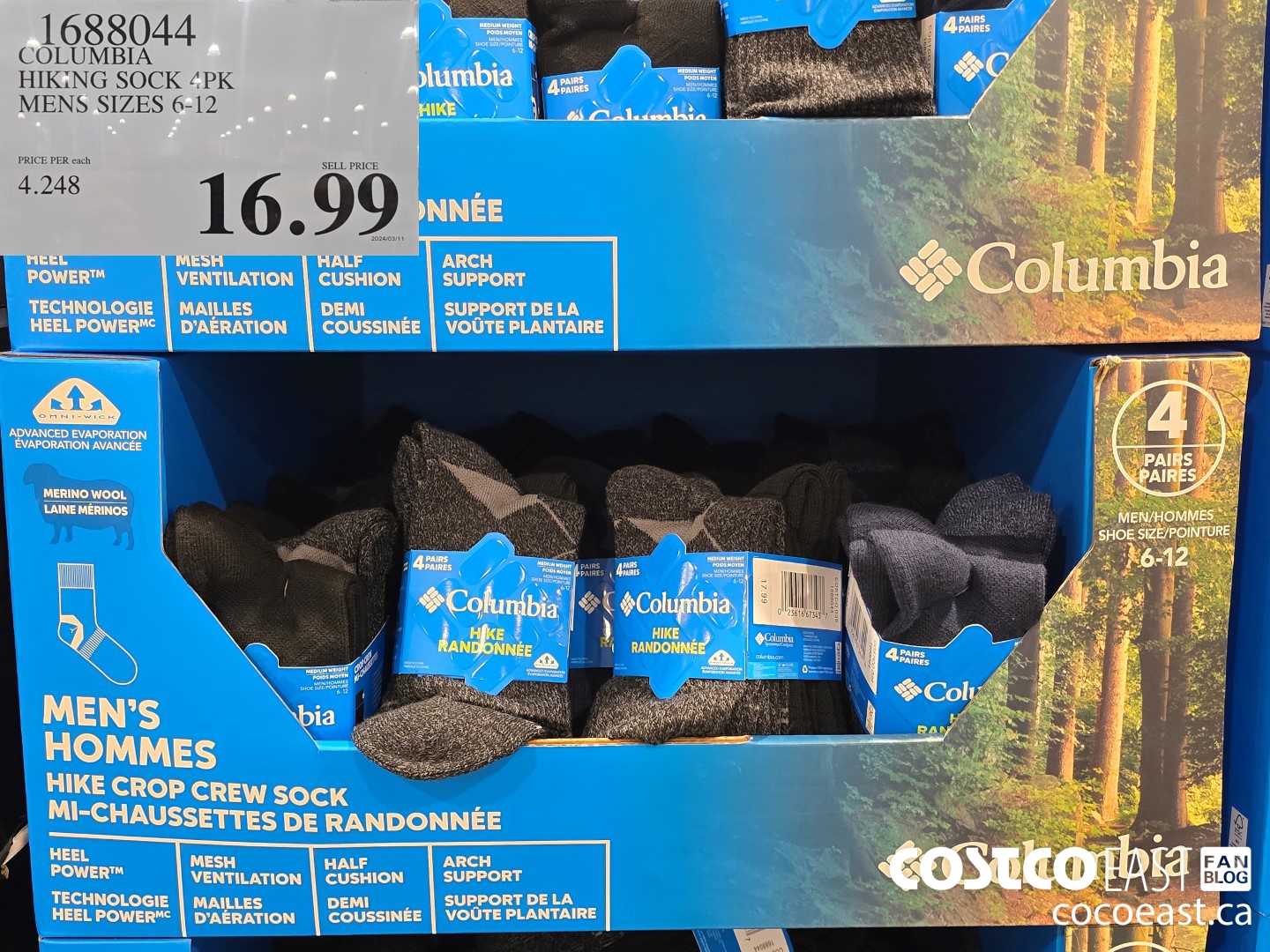 1688044 COLUMBIA HIKING SOCK 4PK MENS SIZES 6-12 $16.99