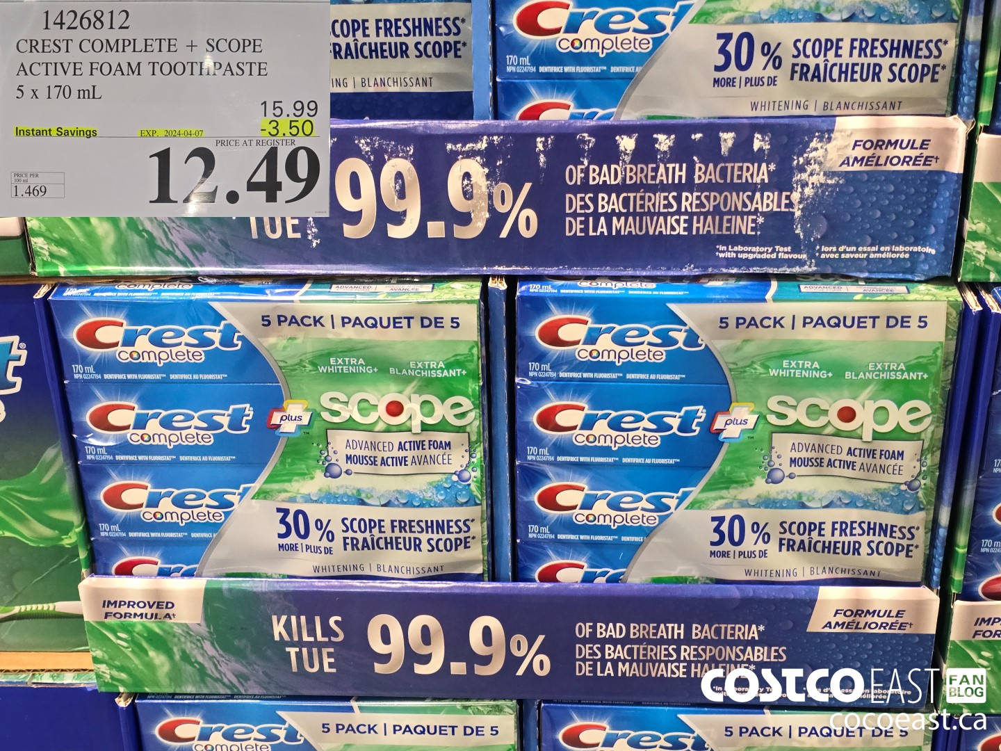 1426812 CREST COMPLETE + SCOPE ACTIVE FOAM TOOTHPASTE 5 X 170 ML ($3.50 INSTANT SAVINGS EXPIRES ON 2024-04-07) $12.49
