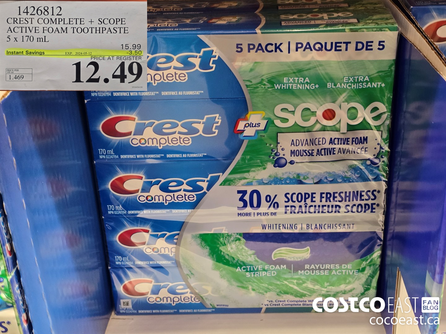 1426812 CREST COMPLETE + SCOPE ACTIVE FOAM TOOTHPASTE 5 X 170 ML ($3.50 INSTANT SAVINGS EXPIRES ON 2024-05-12) $12.49