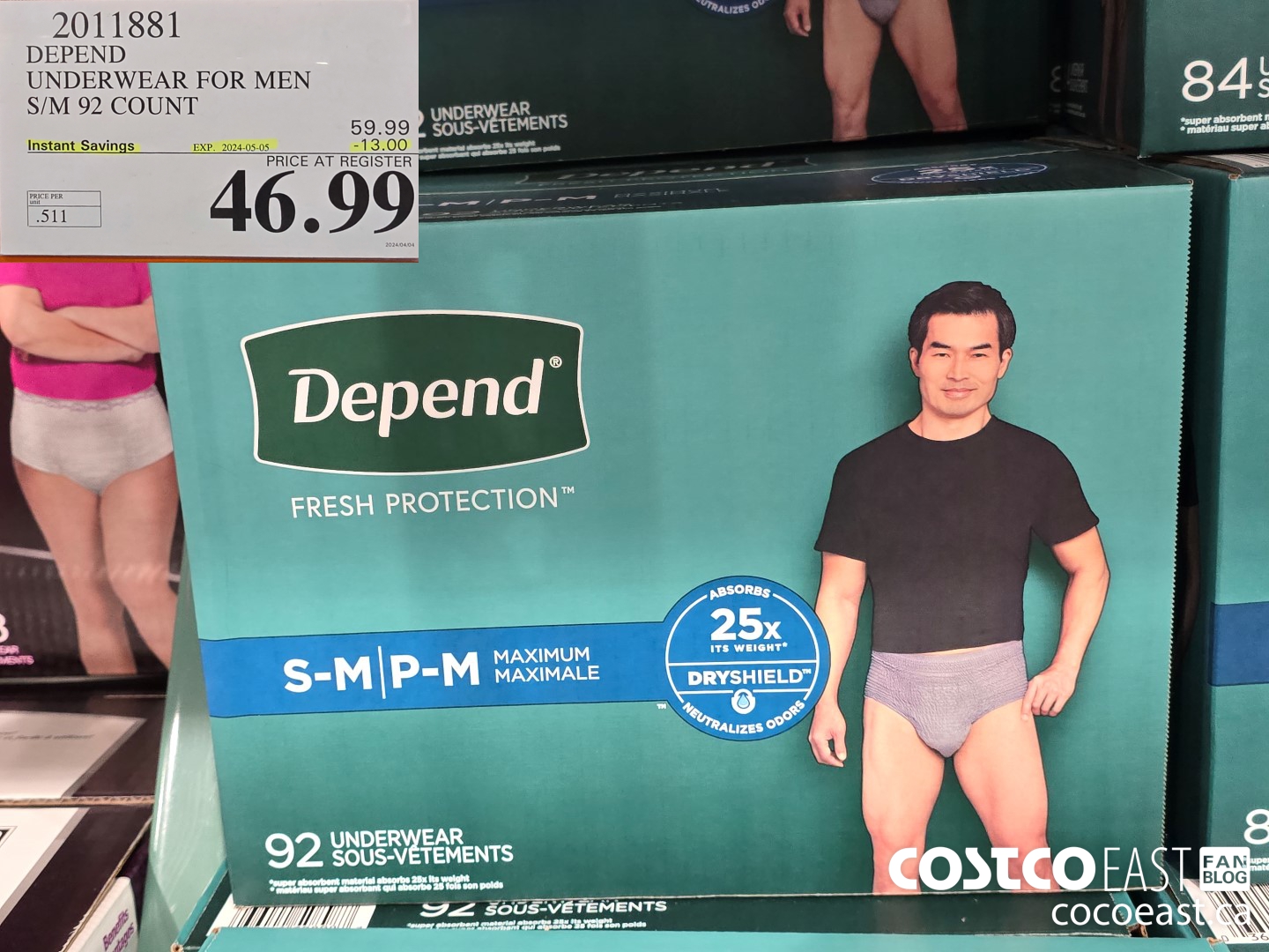 2011881 DEPEND UNDERWEAR FOR MEN S/M 92 COUNT ($13.00 INSTANT SAVINGS EXPIRES ON 2024-05-05) $46.99