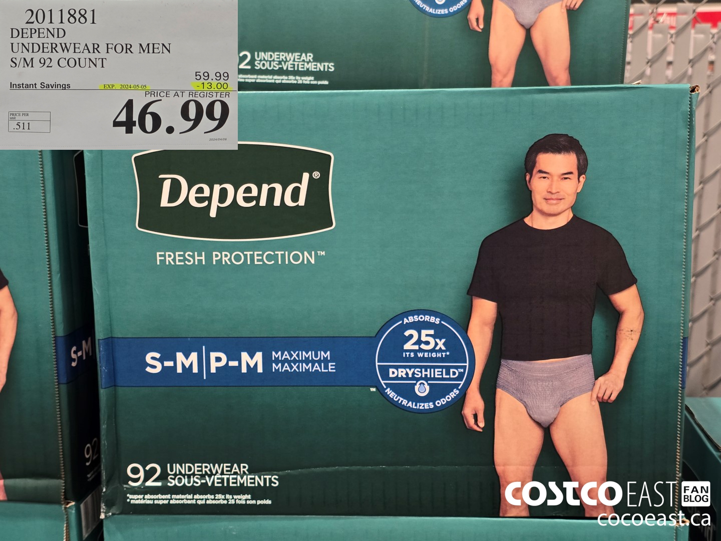 2011881 DEPEND UNDERWEAR FOR MEN S/M 92 COUNT ($13.00 INSTANT SAVINGS EXPIRES ON 2024-05-05) $46.99
