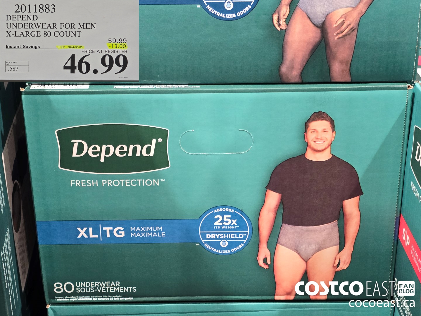 2011883 DEPEND UNDERWEAR FOR MEN X-LARGE 80 COUNT ($13.00 INSTANT SAVINGS EXPIRES ON 2024-05-05) $46.99