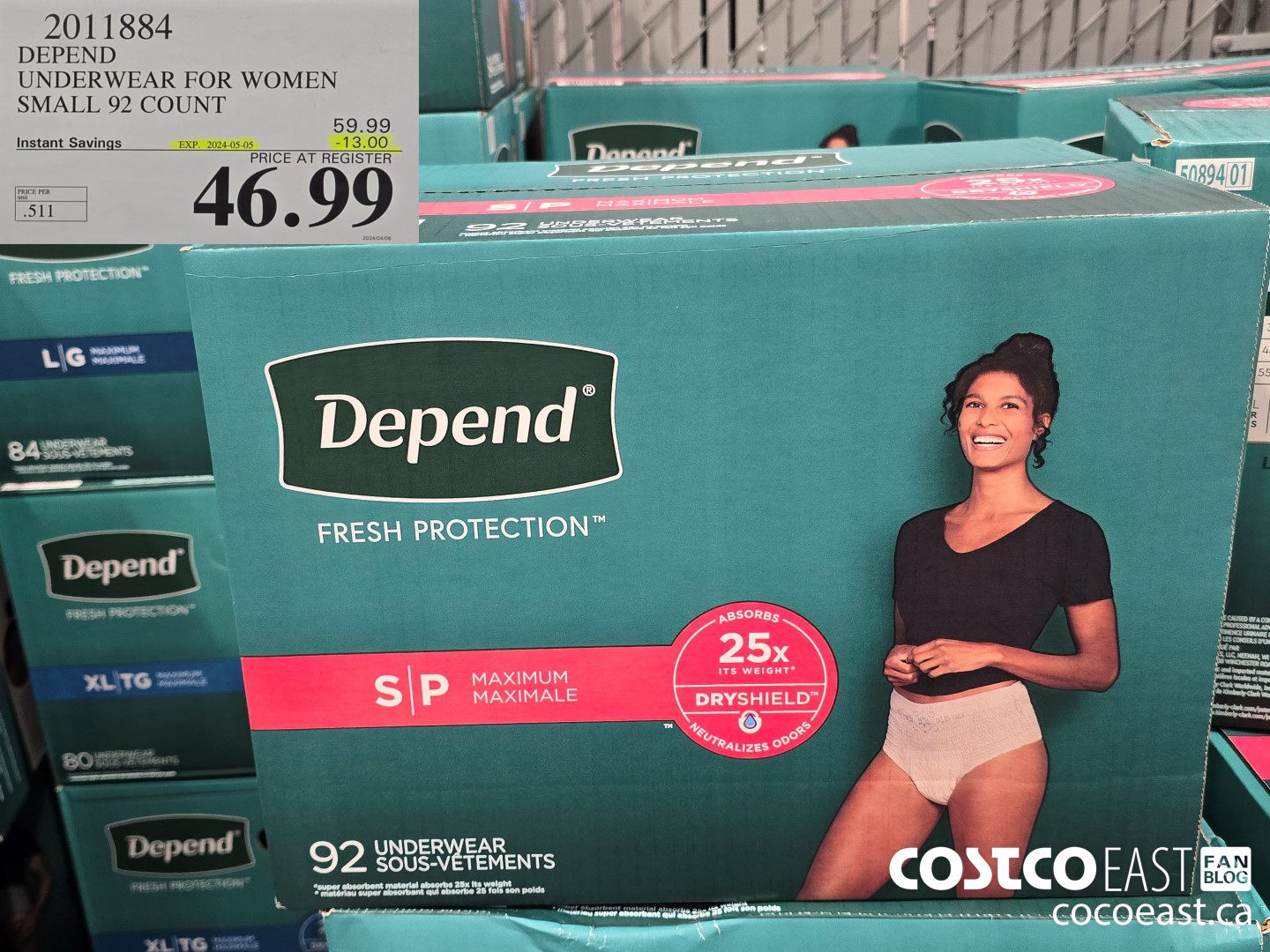2011884 DEPEND UNDERWEAR FOR WOMEN SMALL 92 COUNT ($13.00 INSTANT SAVINGS EXPIRES ON 2024-05-05) $46.99