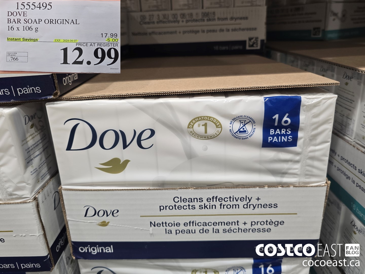 1555495 DOVE BAR SOAP ORIGINAL 16 x 106 g ($5.00 INSTANT SAVINGS EXPIRES ON 2024-04-07) $12.99