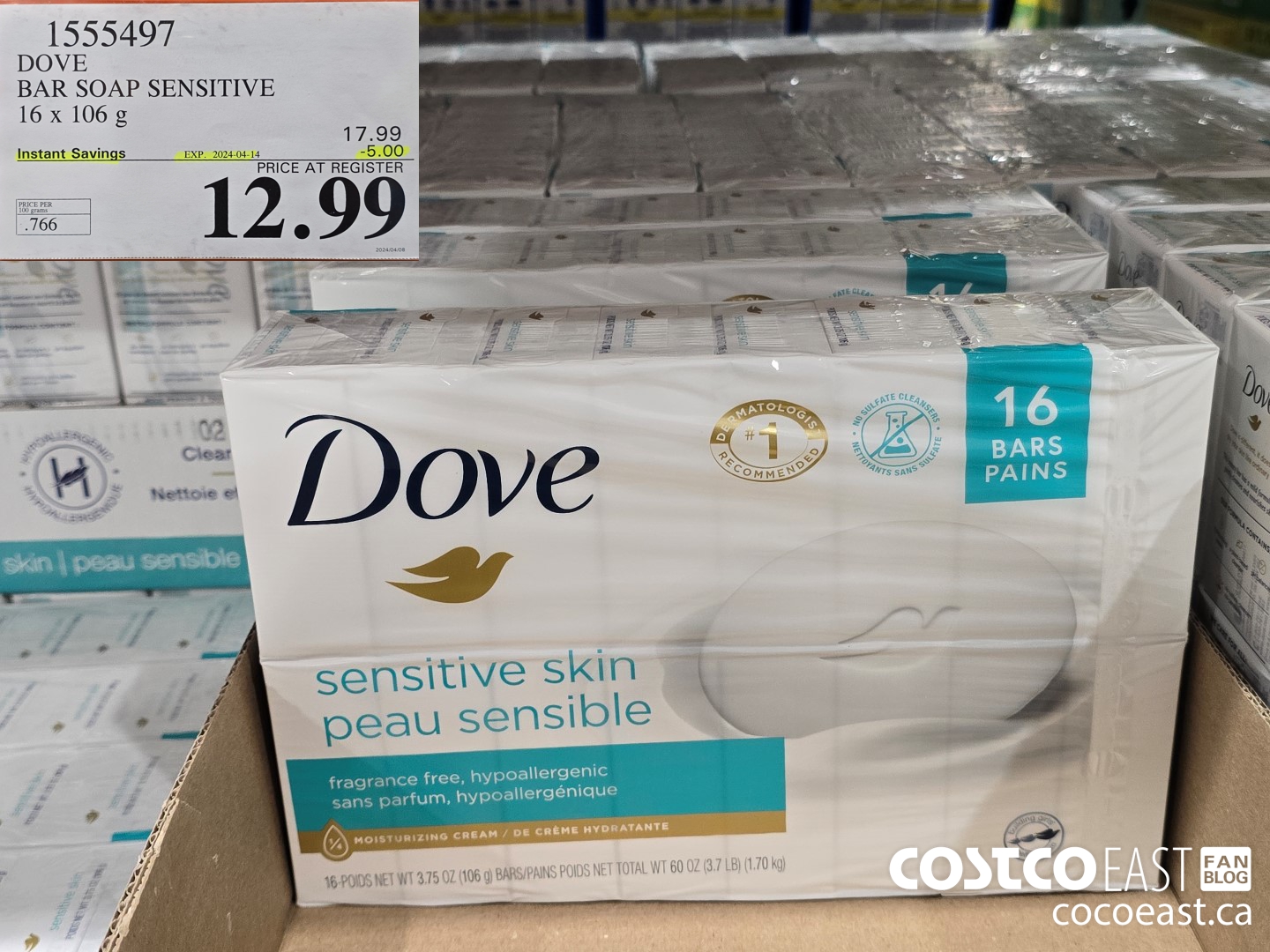1555497 DOVE BAR SOAP SENSITIVE SKIN 16 x 106 g ($5.00 INSTANT SAVINGS EXPIRES ON 2024-04-14) $12.99