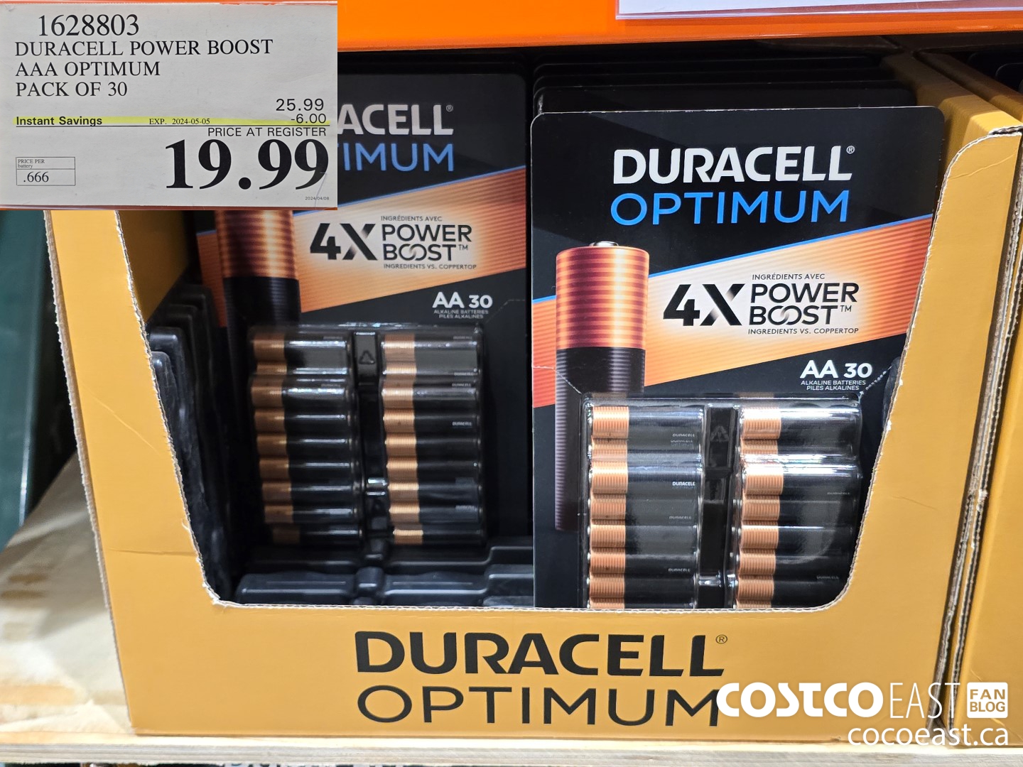 1628803 DURACELL POWER BOOST AAA OPTIMUM PACK OF 30 ($6.00 INSTANT SAVINGS EXPIRES ON 2024-05-05) $19.99