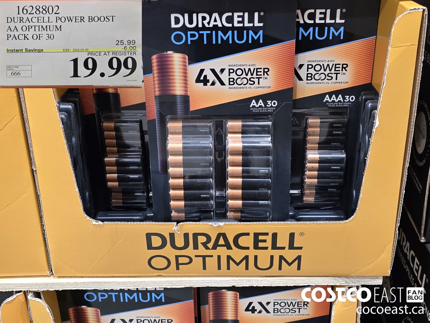 1628802 DURACELL POWER BOOST AA OPTIMUM PACK OF 30 ($6.00 INSTANT SAVINGS EXPIRES ON 2024-05-05) $19.99