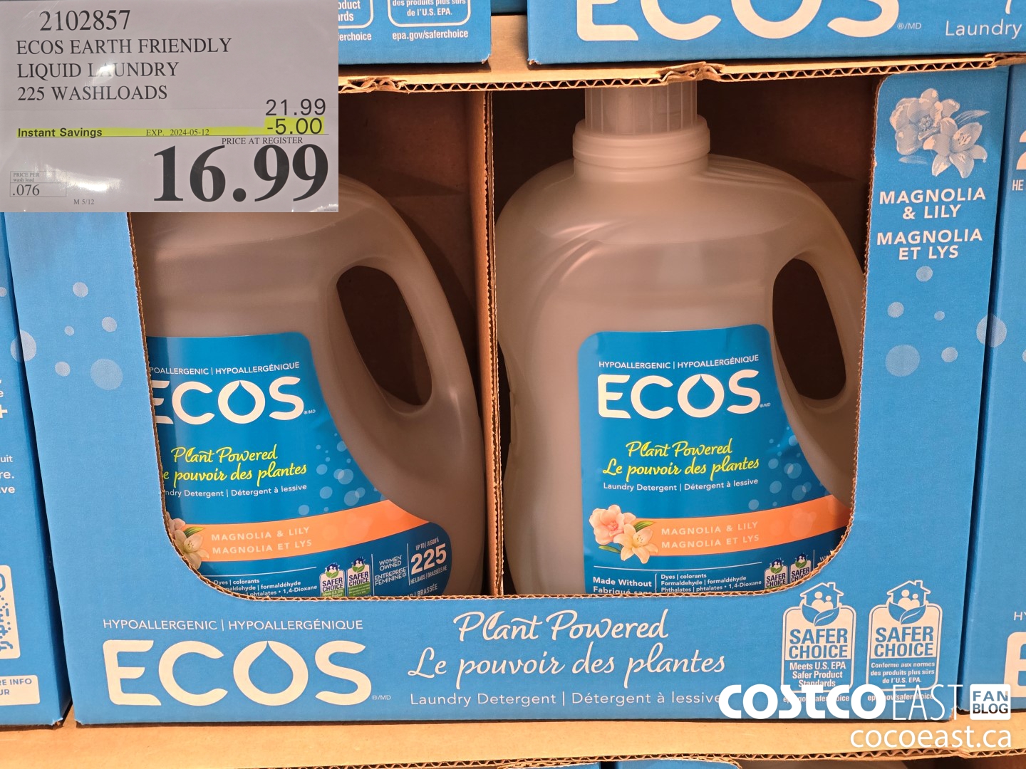 2102857 ECOS EARTH FRIENDLY LIQUID LAUNDRY 225 WASHLOADS ($5.00 INSTANT SAVINGS EXPIRES ON 2024-05-12) $16.99