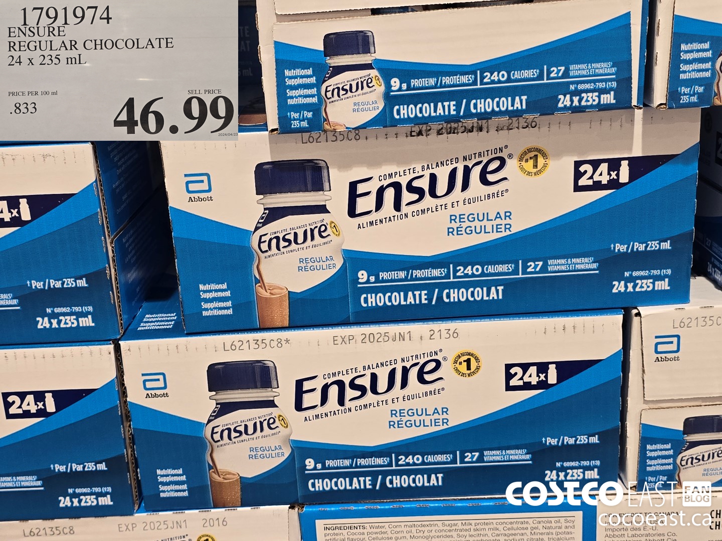 1791974 ENSURE REGULAR CHOCOLATE 24 X 235 ML $46.99