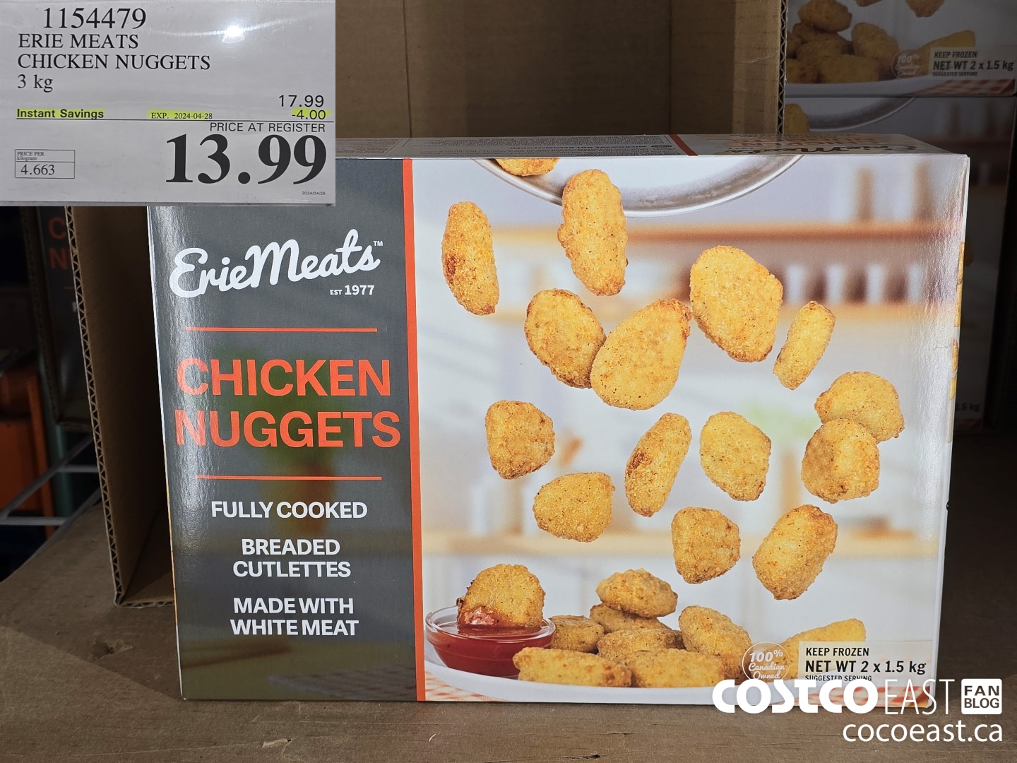 1154479 ERIE MEATS CHICKEN NUGGETS 3 kg ($4.00 INSTANT SAVINGS EXPIRES ON 2024-04-28) $13.99
