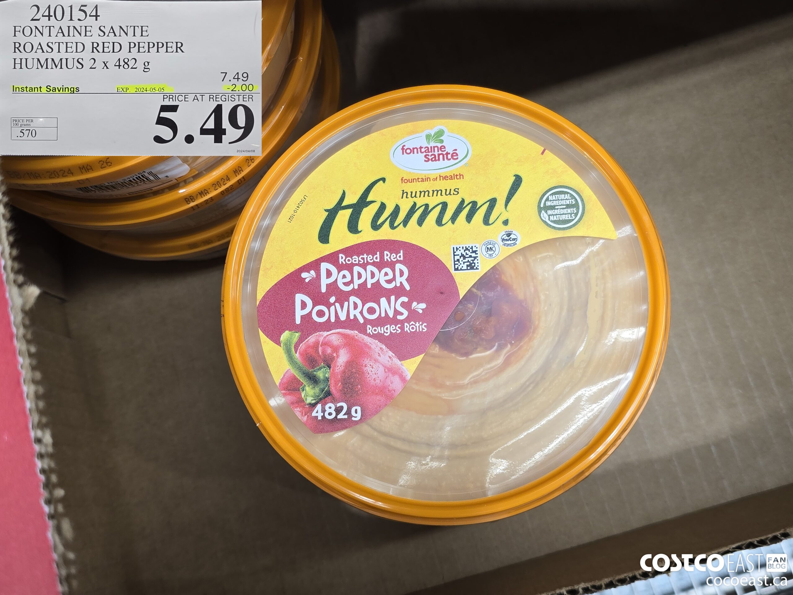 240154 FONATINE SANTE ROASTED RED PEPPER HUMMUS 2 X 482 G ($2.00 INSTANT SAVINGS EXPIRES ON 2024-05-05) $5.49