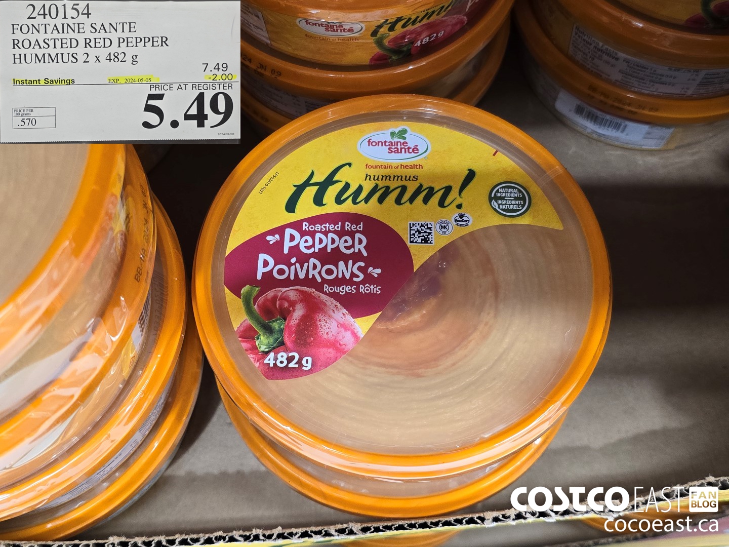 240154 FONATINE SANTE ROASTED RED PEPPER HUMMUS 2 X 482 G ($2.00 INSTANT SAVINGS EXPIRES ON 2024-05-05) $5.49