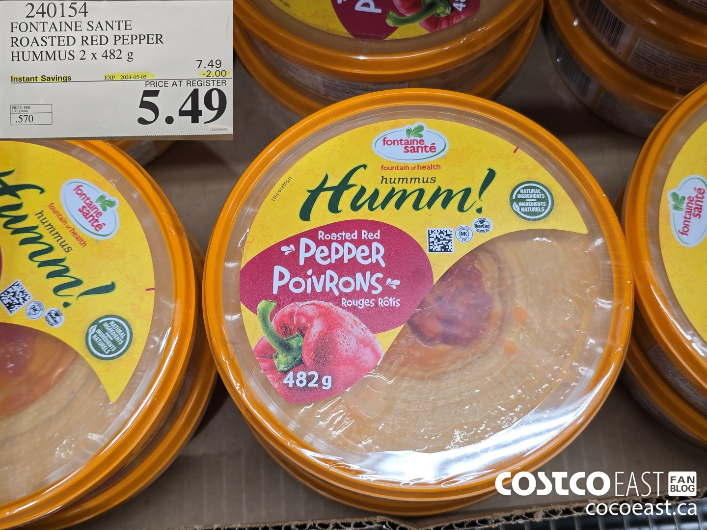 240154 FONATINE SANTE ROASTED RED PEPPER HUMMUS 2 X 482 G ($2.00 INSTANT SAVINGS EXPIRES ON 2024-05-05) $5.49