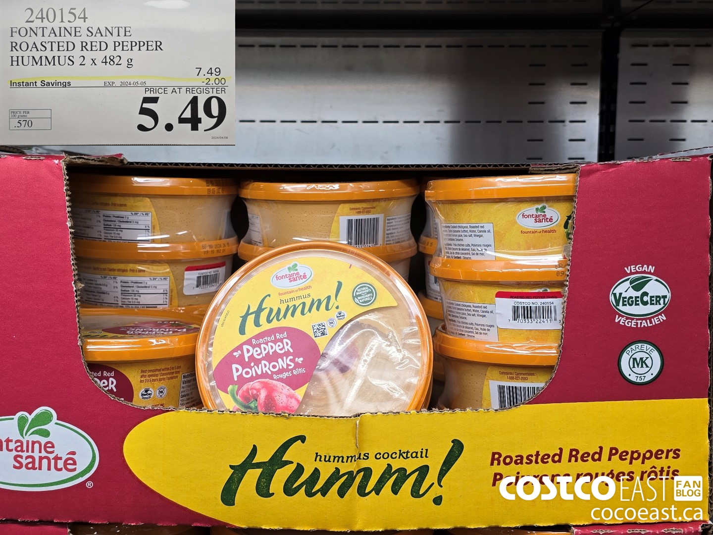 240154 FONATINE SANTE ROASTED RED PEPPER HUMMUS 2 X 482 G ($2.00 INSTANT SAVINGS EXPIRES ON 2024-05-05) $5.49