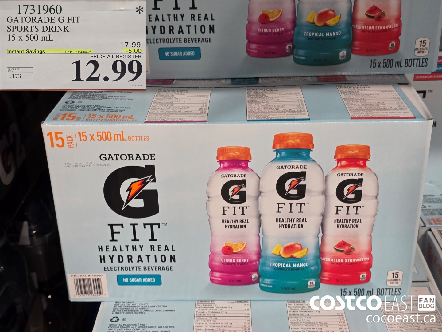 1731960 GATORADE G FIT SPORTS DRINK 15 X 500 ML ($5.00 INSTANT SAVINGS EXPIRES ON 2024-04-28) $12.99