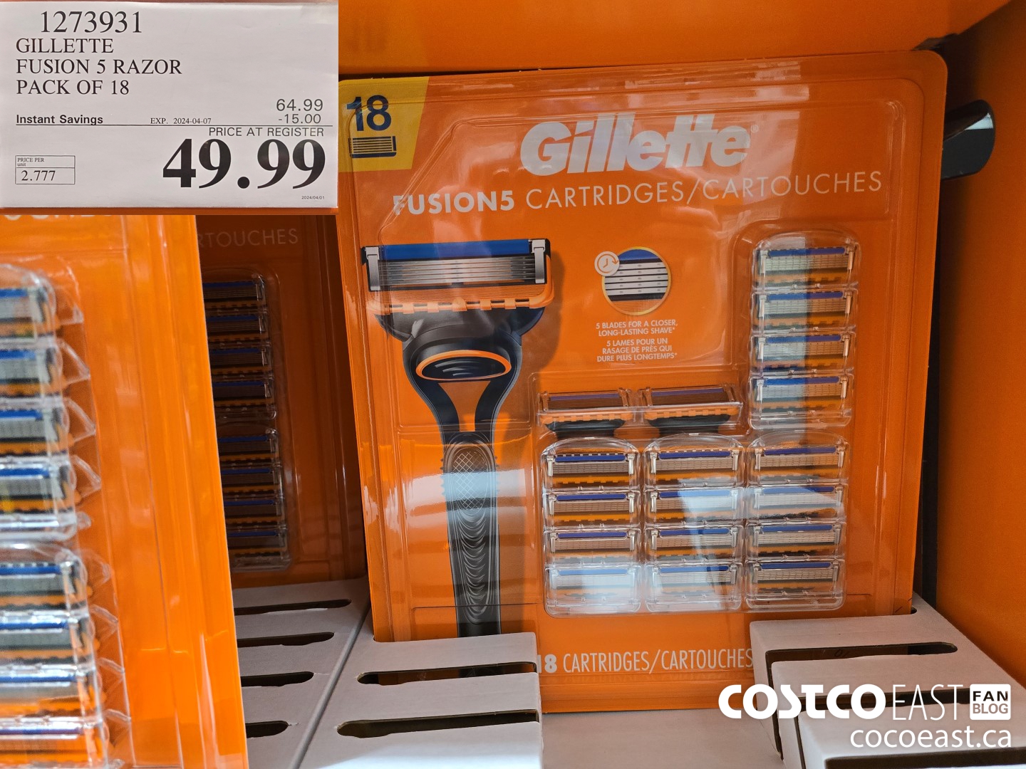1273931 GILLETTE FUSION 5 CARTRIDGES PACK OF 18 ($15.00 INSTANT SAVINGS EXPIRES ON 2024-04-07) $49.99