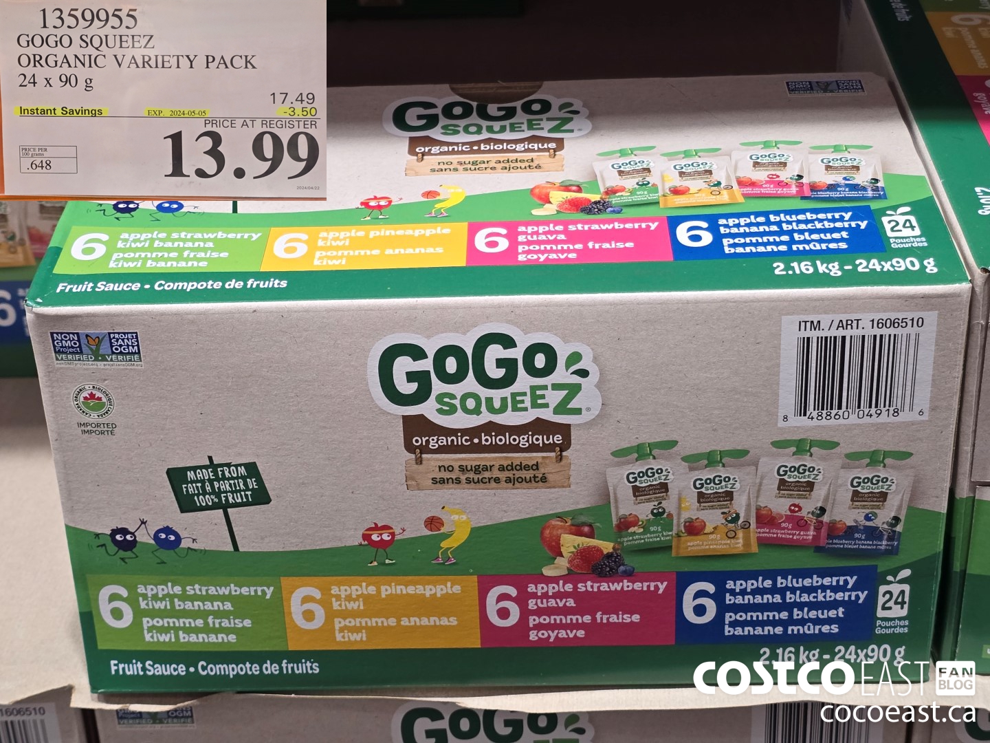 1359955 GOGC SQUEEZ ORGANIC VARIETY PACK 24 x 90 g ($3.50 INSTANT SAVINGS EXPIRES ON 2024-05-05) $13.99