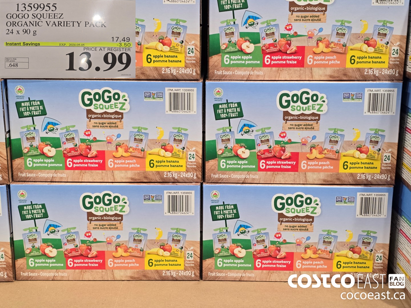 1359955 GOGC SQUEEZ ORGANIC VARIETY PACK 24 x 90 g ($3.50 INSTANT SAVINGS EXPIRES ON 2024-05-05) $13.99