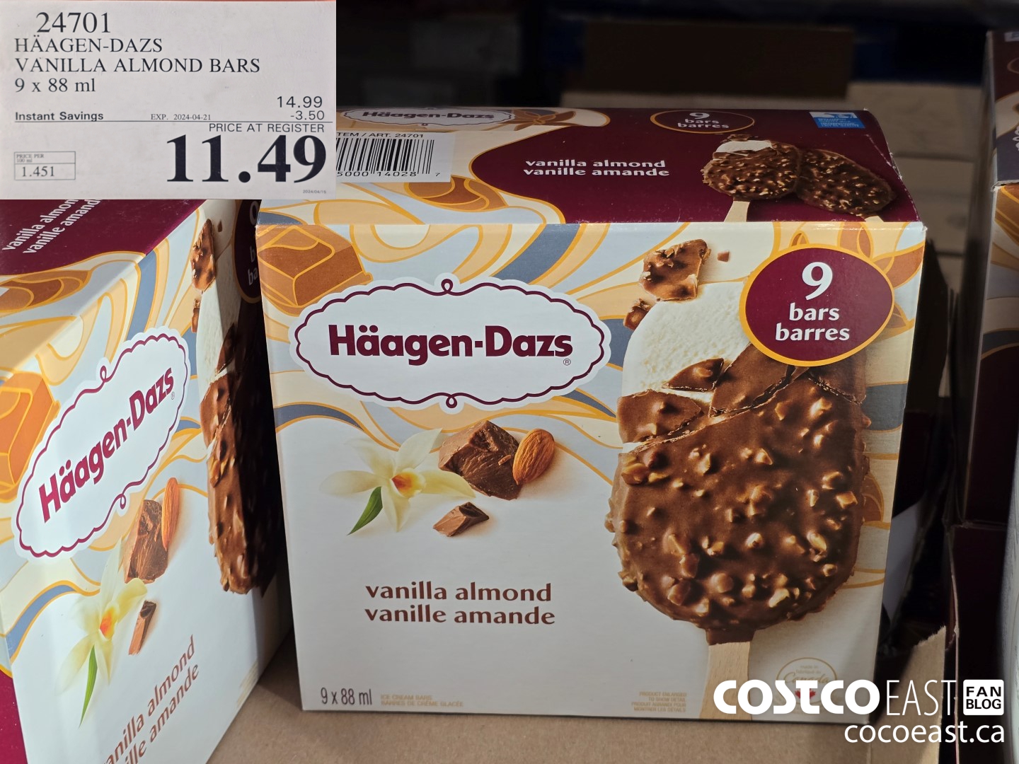24701 HAAGAN-DAZS VANILLA ALMOND BARS 9 X 88 ML ($3.50 INSTANT SAVINGS EXPIRES ON 2024-04-21) $11.49