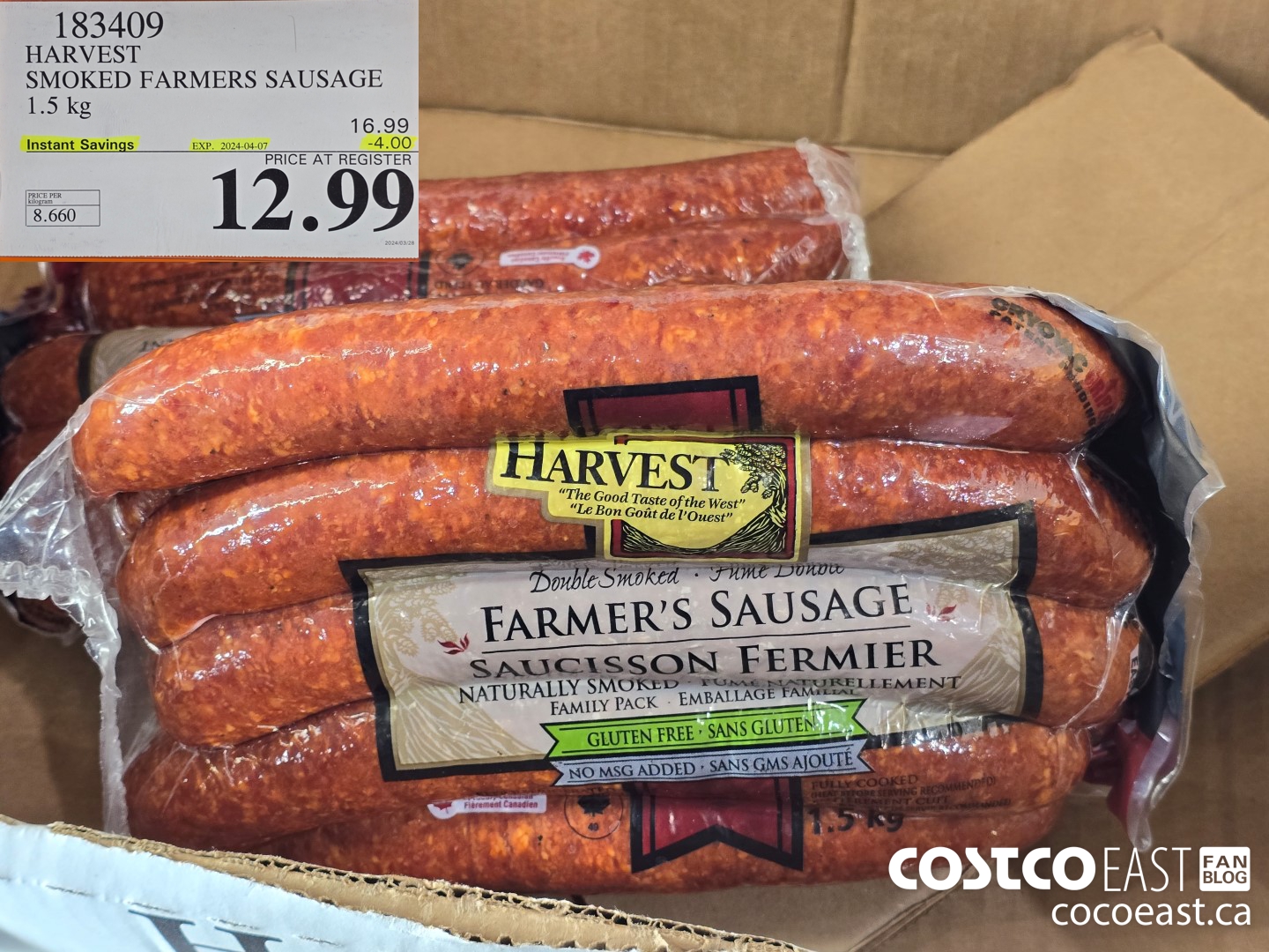 183409 HARVEST SMOKED FARMERS SAUSAGE 1.5 KG ($4.00 INSTANT SAVINGS EXPIRES ON 2024-04-07) $12.99