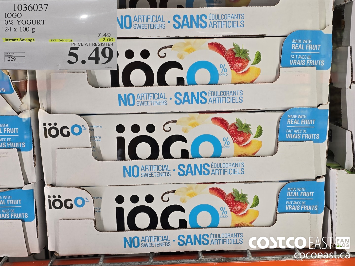 1036037 IOGO 0% YOGURT 24 x 100 g ($2.00 INSTANT SAVINGS EXPIRES ON 2024-04-28) $5.49