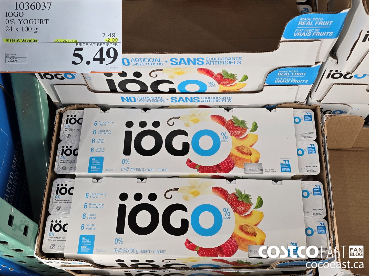 1036037 IOGO 0% YOGURT 24 x 100 g ($2.00 INSTANT SAVINGS EXPIRES ON 2024-04-28) $5.49