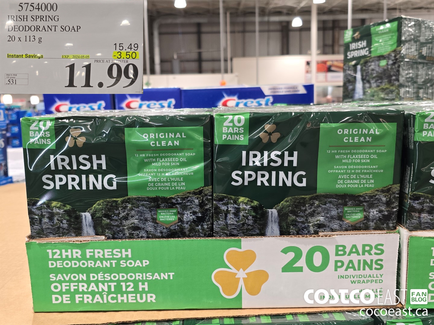 5754000 IRISH SPRING DEODORANT SOAP 20 X 113 G ($3.50 INSTANT SAVINGS EXPIRES ON 2024-05-05) $11.99