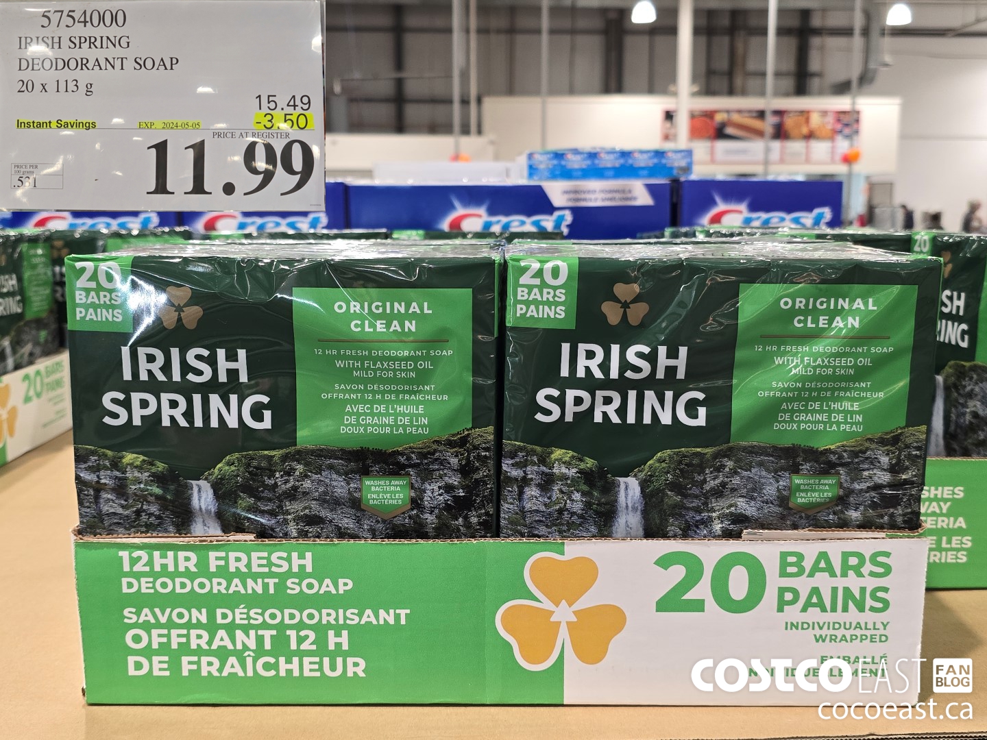 5754000 IRISH SPRING DEODORANT SOAP 20 X 113 G ($3.50 INSTANT SAVINGS EXPIRES ON 2024-05-05) $11.99