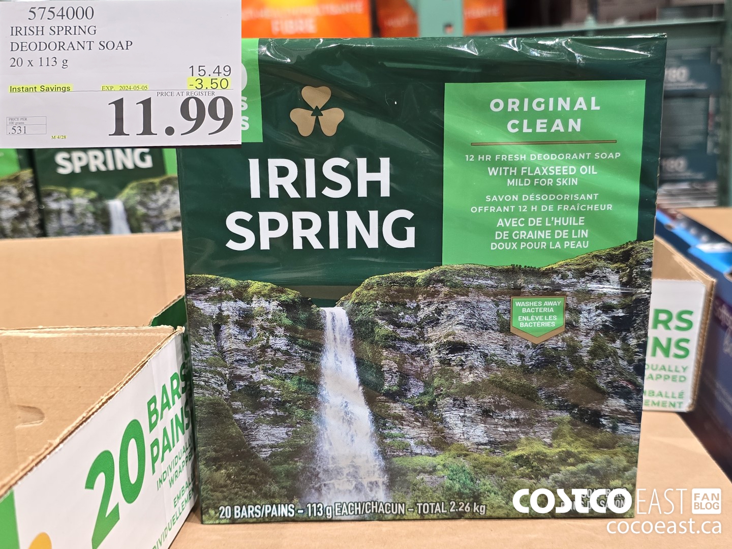 5754000 IRISH SPRING DEODORANT SOAP 20 X 113 G ($3.50 INSTANT SAVINGS EXPIRES ON 2024-05-05) $11.99