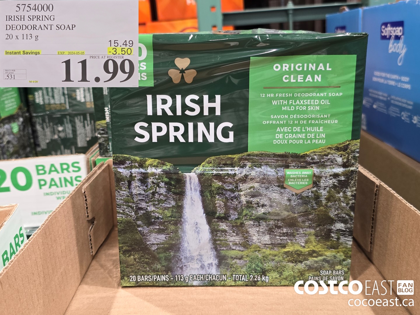 5754000 IRISH SPRING DEODORANT SOAP 20 X 113 G ($3.50 INSTANT SAVINGS EXPIRES ON 2024-05-05) $11.99