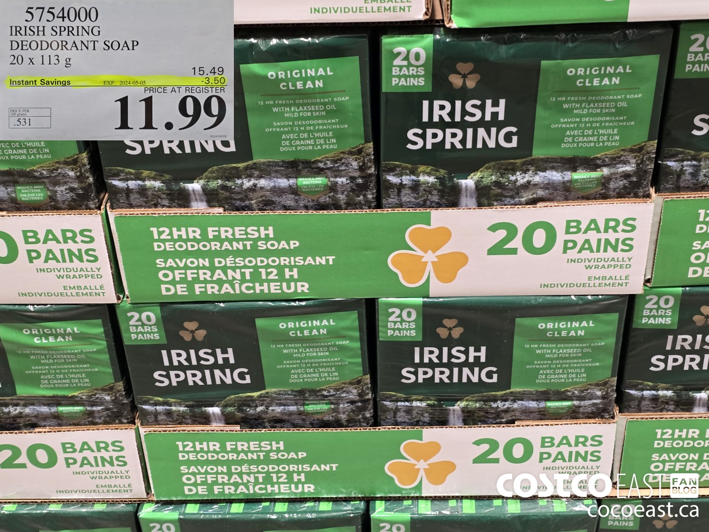 5754000 IRISH SPRING DEODORANT SOAP 20 X 113 G ($3.50 INSTANT SAVINGS EXPIRES ON 2024-05-05) $11.99