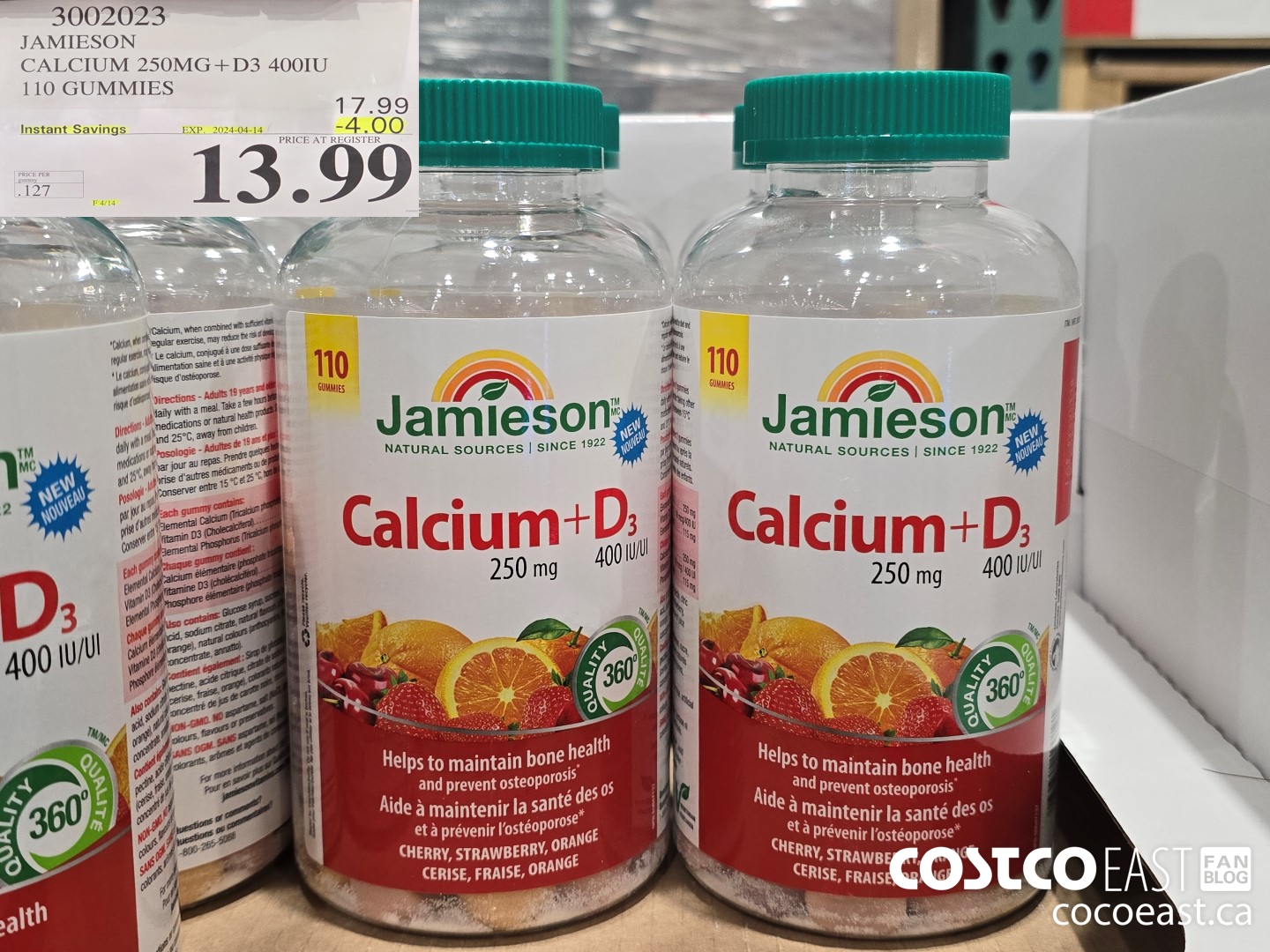 3002023 JAMIESON CALCIUM 250MG+D3 400IU 110 GUMMIES ($4.00 INSTANT SAVINGS EXPIRES ON 2024-04-14) $13.99