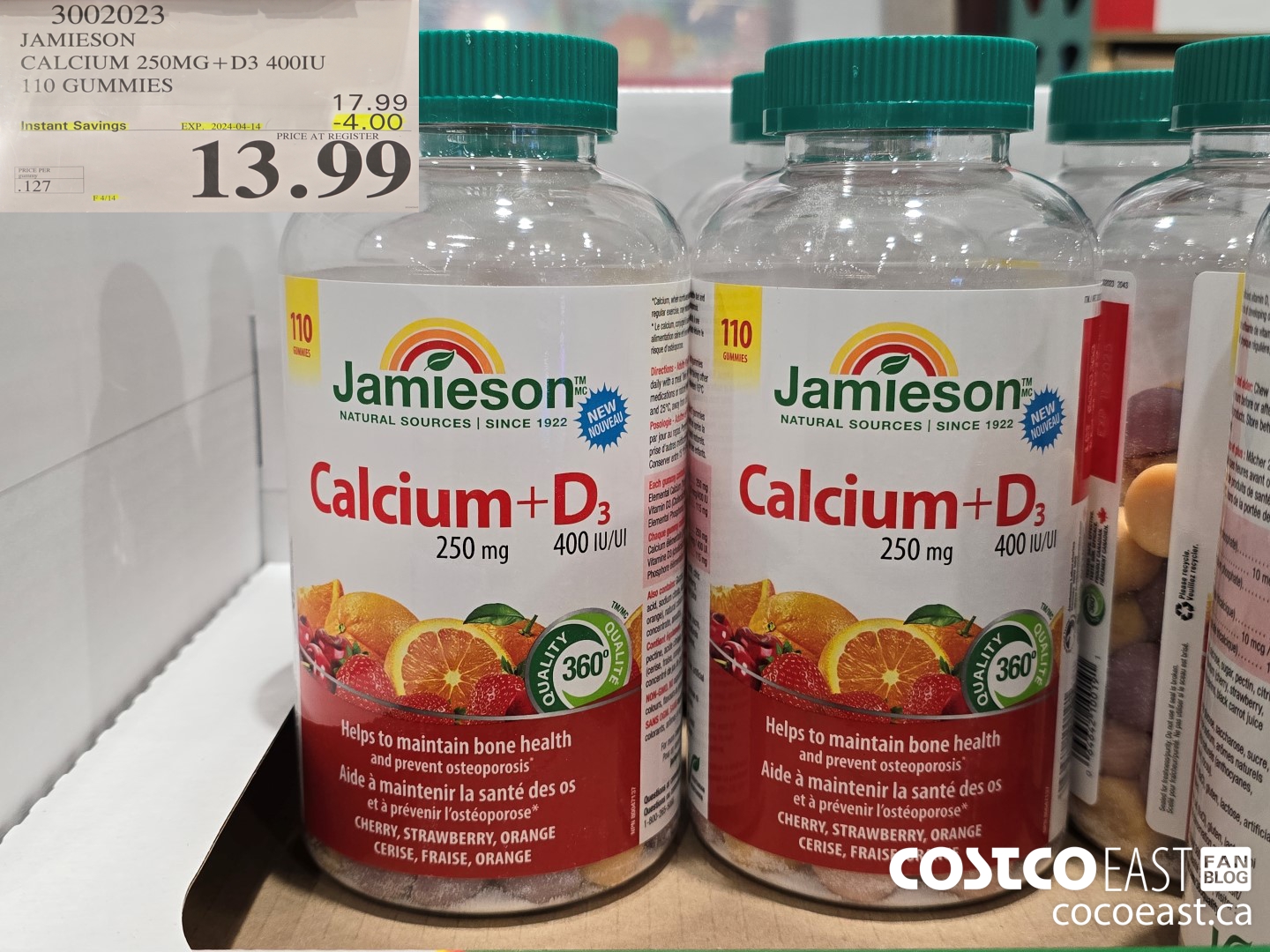3002023 JAMIESON CALCIUM 250MG+D3 400IU 110 GUMMIES ($4.00 INSTANT SAVINGS EXPIRES ON 2024-04-14) $13.99