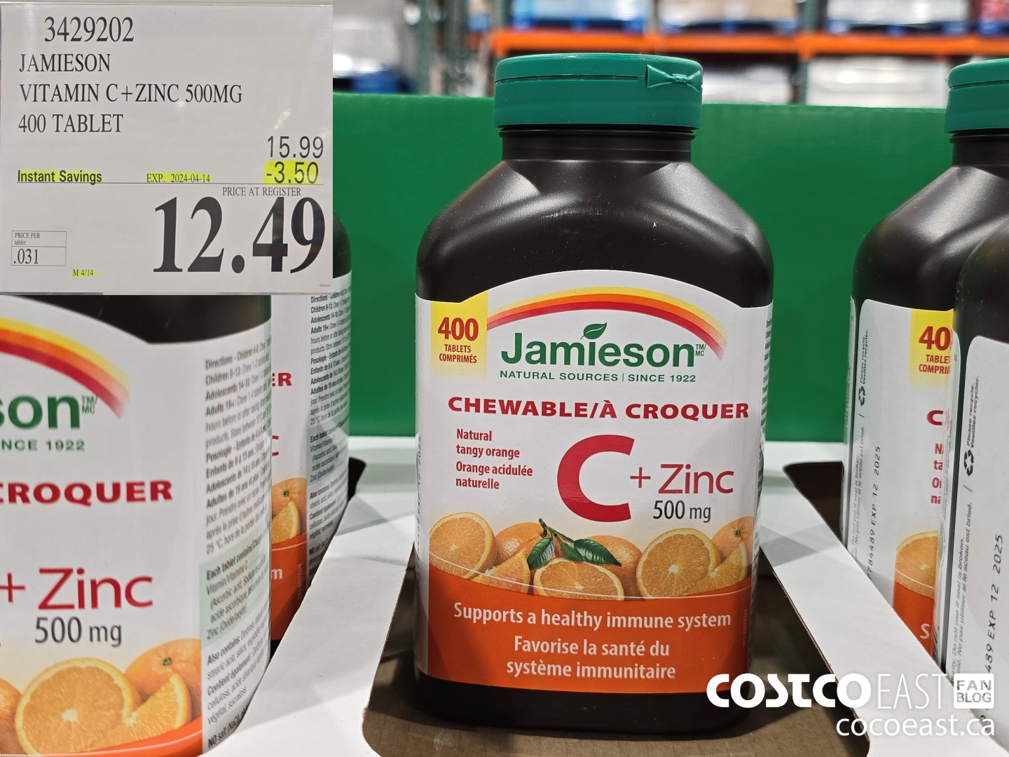 3429202 JAMIESON VITAMIN C+ZINC 500MG 400 TABLET ($3.50 INSTANT SAVINGS EXPIRES ON 2024-04-14) $12.49